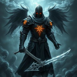 A dark knight whose armor is made of flowing smoke and shadows, with glowing rune-like symbols hovering over his arms and chest