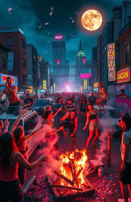 An intense and chaotic scene depicting a 48-hour freedom party in an urban setting