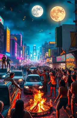 An intense and chaotic scene depicting a 48-hour freedom party in an urban setting