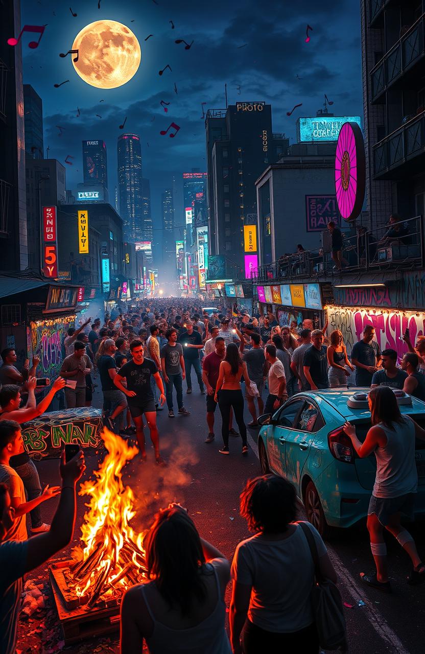 An intense and chaotic scene depicting a 48-hour freedom party in an urban setting