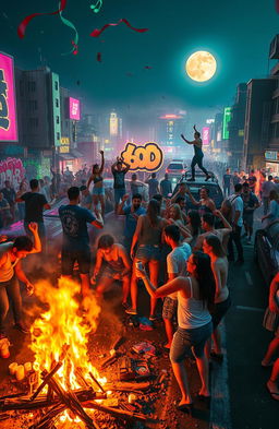 An intense and chaotic scene depicting a 48-hour freedom party in an urban setting