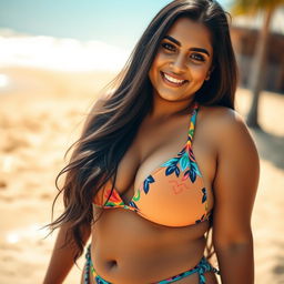 A close-up portrait of a stunning Pakistani woman with a curvy body, confidently wearing a stylish bikini that highlights her beautiful curves