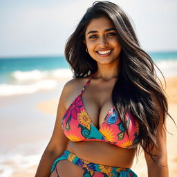 A close-up portrait of a stunning Pakistani woman with a curvy body, confidently wearing a stylish bikini that highlights her beautiful curves
