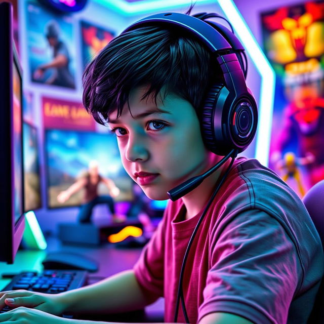 A young boy with glossy black hair, wearing a stylish gaming headset, sitting in front of a futuristic gaming setup