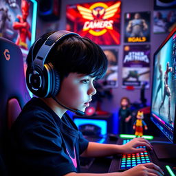 A young boy with glossy black hair, wearing a stylish gaming headset, sitting in front of a futuristic gaming setup