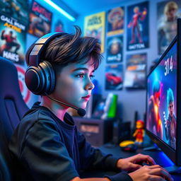 A young boy with glossy black hair, wearing a stylish gaming headset, sitting in front of a futuristic gaming setup