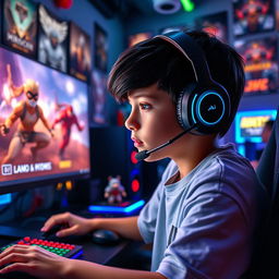 A young boy with glossy black hair, wearing a stylish gaming headset, sitting in front of a futuristic gaming setup