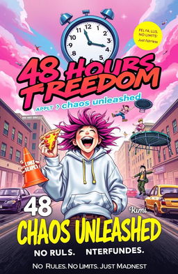 A vibrant book cover for '48 Hours of Freedom: Chaos Unleashed