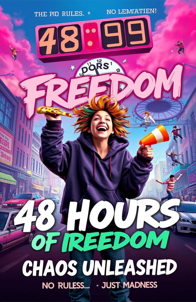 A vibrant book cover for '48 Hours of Freedom: Chaos Unleashed