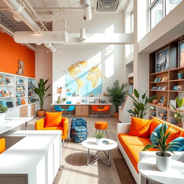 A stylish travel agency interior design featuring a bright and welcoming atmosphere