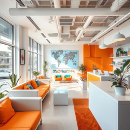 A stylish travel agency interior design featuring a bright and welcoming atmosphere
