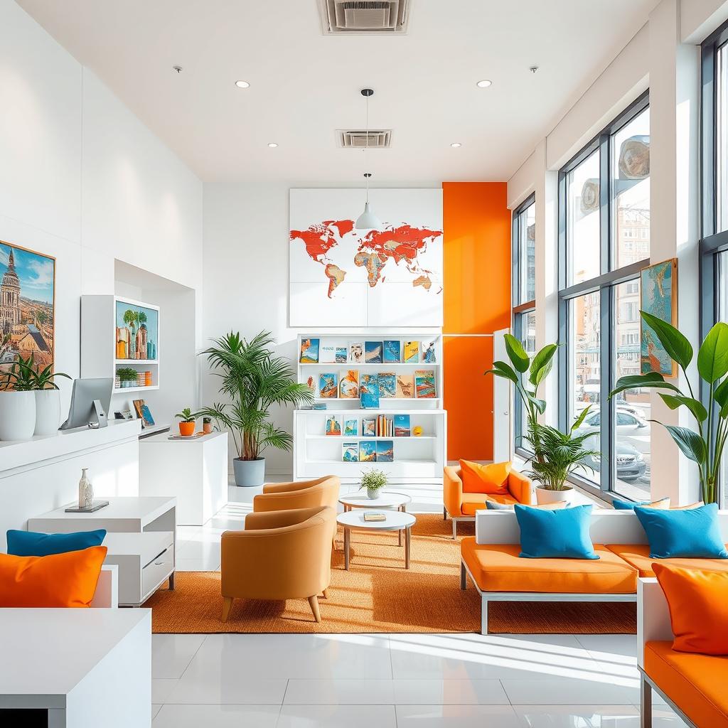 A stylish travel agency interior design featuring a bright and welcoming atmosphere