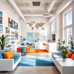 A stylish travel agency interior design featuring a bright and welcoming atmosphere
