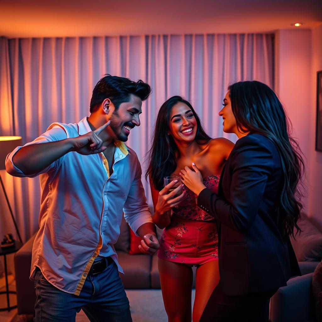 A dynamic and intense scene depicting a passionate encounter between two confident young men and two attractive women in a stylish, modern apartment setting