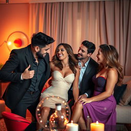 A dynamic and intense scene depicting a passionate encounter between two confident young men and two attractive women in a stylish, modern apartment setting