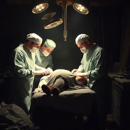 Surgeons operating on a wounded soldier in a makeshift battlefield hospital during World War II, wearing vintage surgical attire