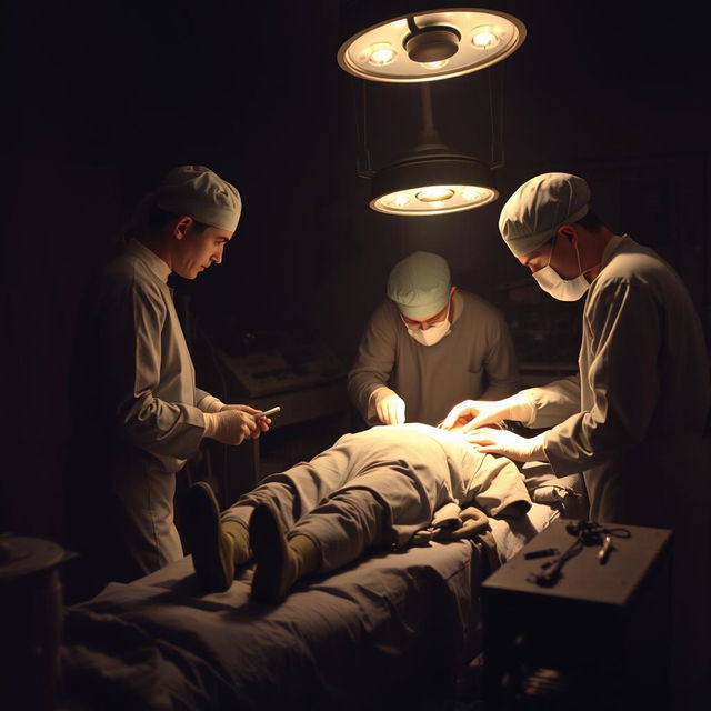 Surgeons operating on a wounded soldier in a makeshift battlefield hospital during World War II, wearing vintage surgical attire