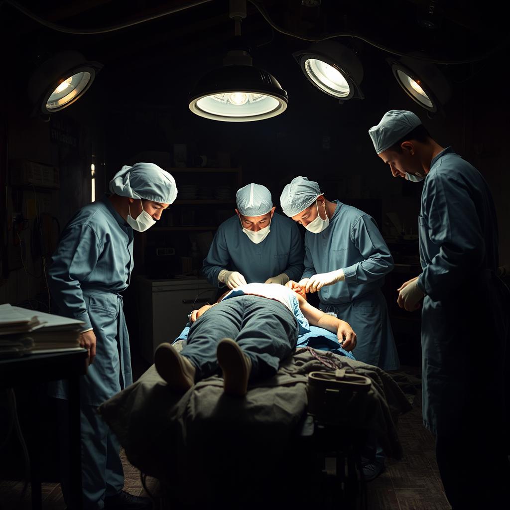 Surgeons operating on a wounded soldier in a makeshift battlefield hospital during World War II, wearing vintage surgical attire