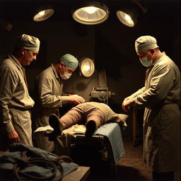 Surgeons operating on a wounded soldier in a makeshift battlefield hospital during World War II, wearing vintage surgical attire