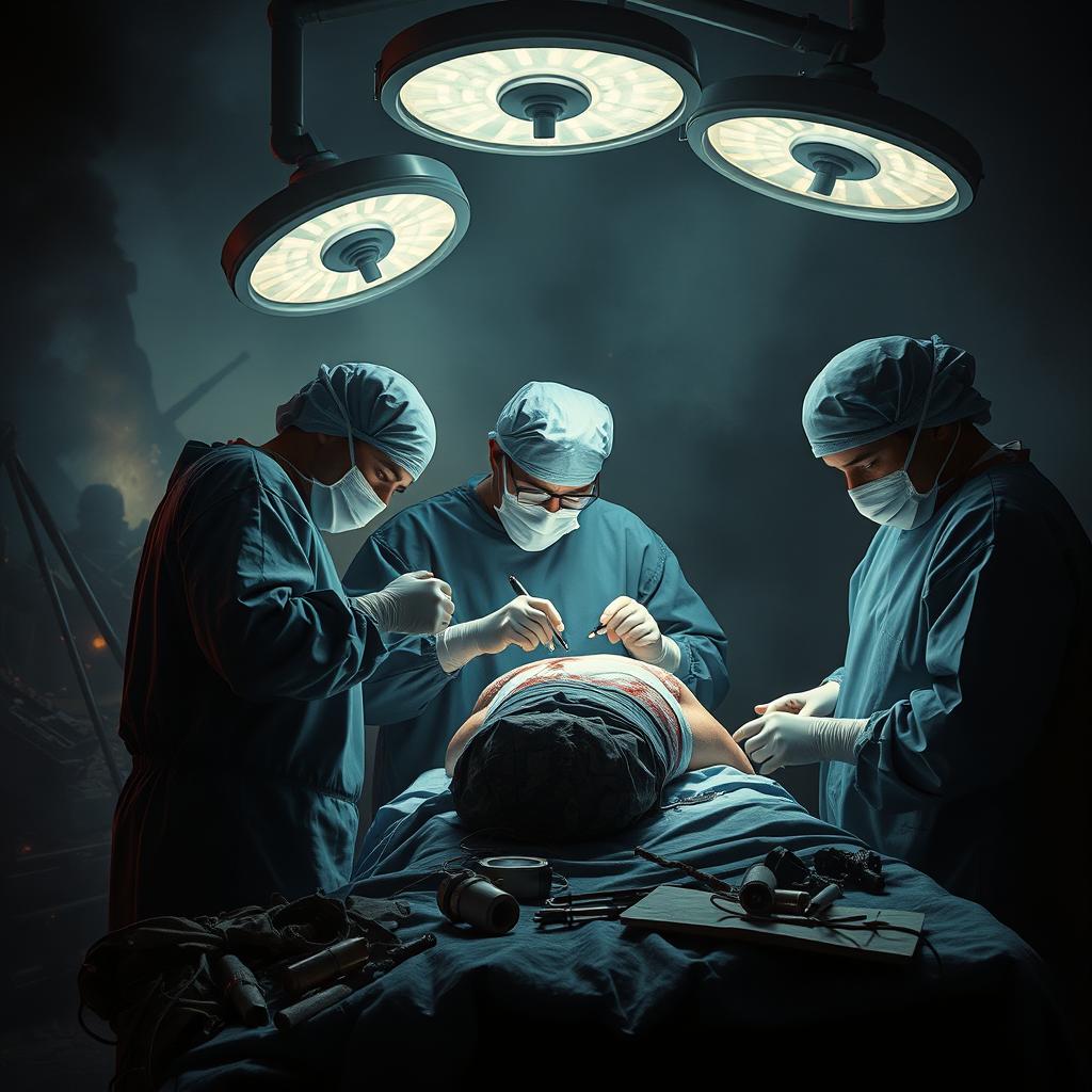 A dramatic scene depicting surgeons performing surgery on an injured soldier in the midst of a war