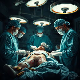 A dramatic scene depicting surgeons performing surgery on an injured soldier in the midst of a war