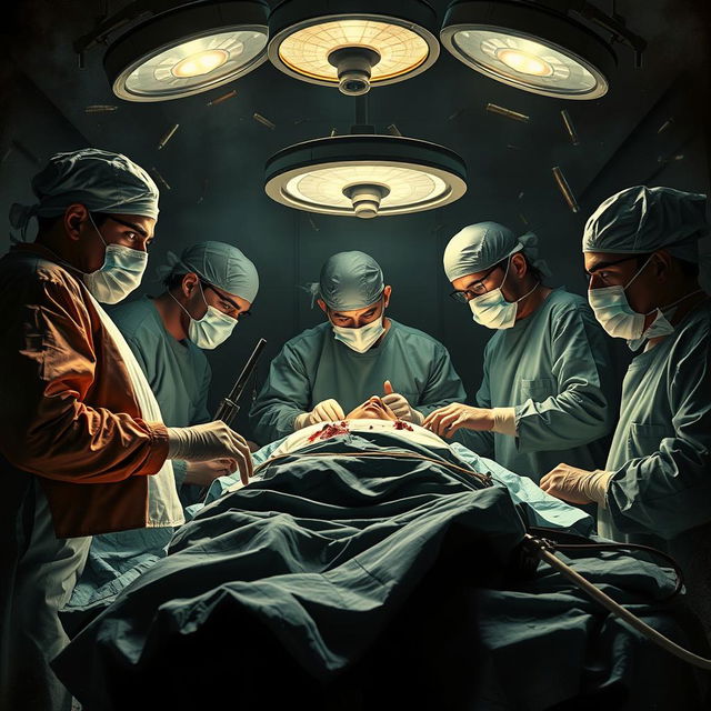 A dramatic scene depicting surgeons performing surgery on an injured soldier in the midst of a war
