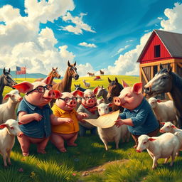 A vibrant and surreal depiction of a farm where animals have taken over, inspired by 'Animal Farm' by George Orwell