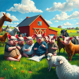 A vibrant and surreal depiction of a farm where animals have taken over, inspired by 'Animal Farm' by George Orwell