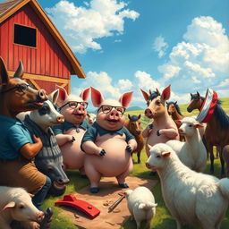A vibrant and surreal depiction of a farm where animals have taken over, inspired by 'Animal Farm' by George Orwell