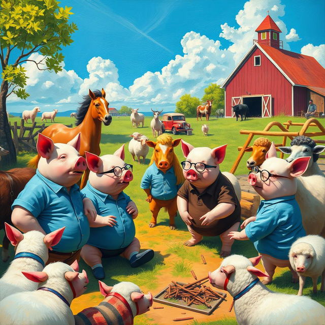 A vibrant and surreal depiction of a farm where animals have taken over, inspired by 'Animal Farm' by George Orwell