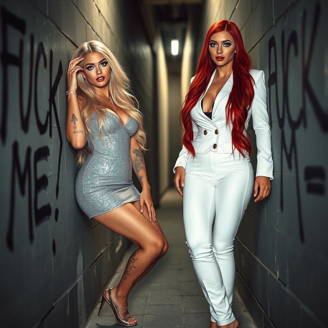 In a dimly lit alley, two alluring young women lean against opposite walls, facing the viewer with seductive expressions that draw attention