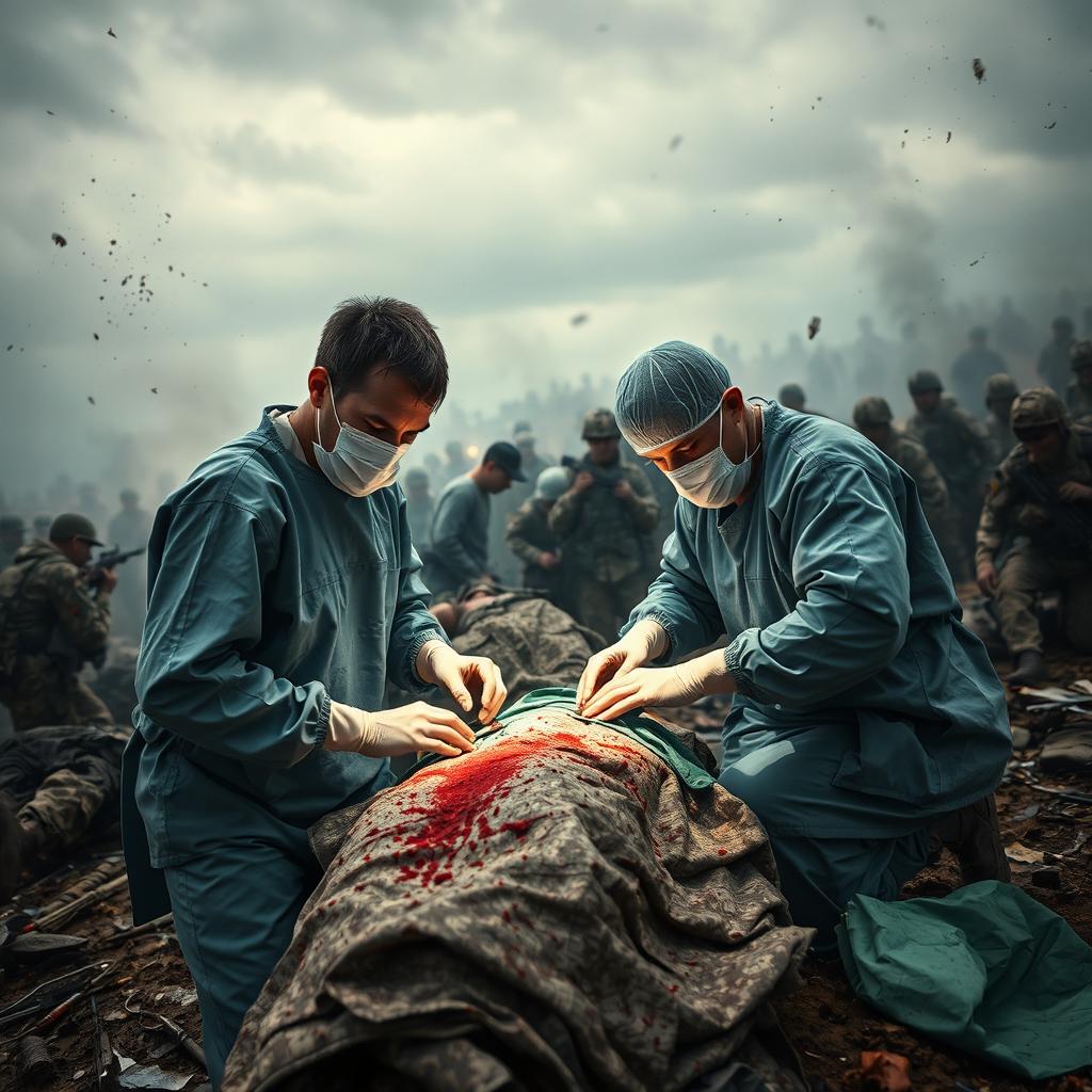 A dramatic scene of surgeons performing surgery in a battlefield setting