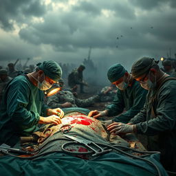 A dramatic scene of surgeons performing surgery in a battlefield setting