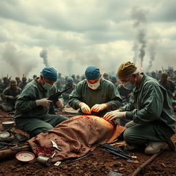 A dramatic scene of surgeons performing surgery in a battlefield setting