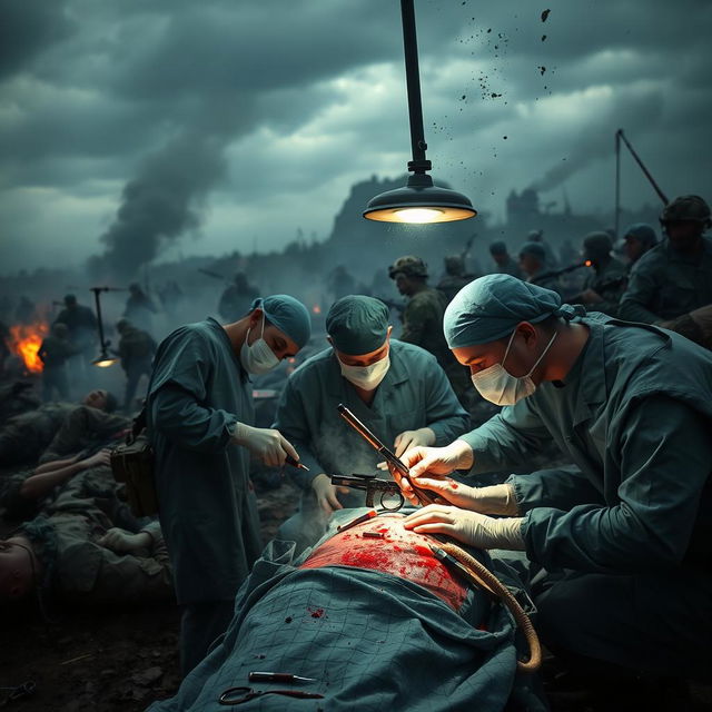 A dramatic scene of surgeons performing surgery in a battlefield setting