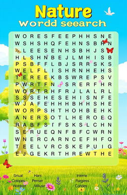 A colorful and engaging word search puzzle featuring a variety of words related to nature