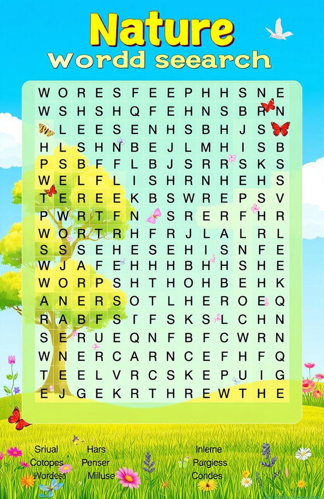 A colorful and engaging word search puzzle featuring a variety of words related to nature