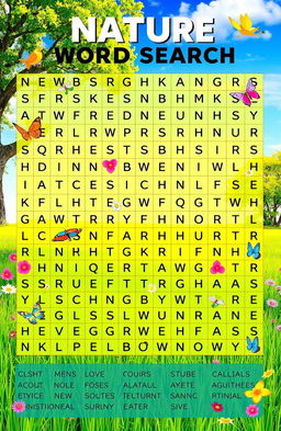 A colorful and engaging word search puzzle featuring a variety of words related to nature