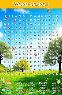 A colorful and engaging word search puzzle featuring a variety of words related to nature
