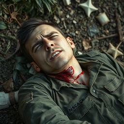 A poignant scene depicting a wounded soldier with a serious neck injury, blood flowing from the wound