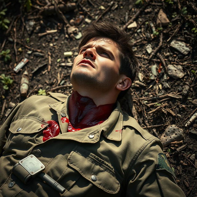 A poignant scene depicting a wounded soldier with a serious neck injury, blood flowing from the wound