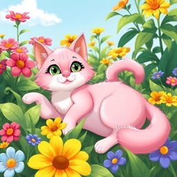 A playful and whimsical depiction of a pink cat with a soft white body lounging in a sunny garden, surrounded by colorful flowers