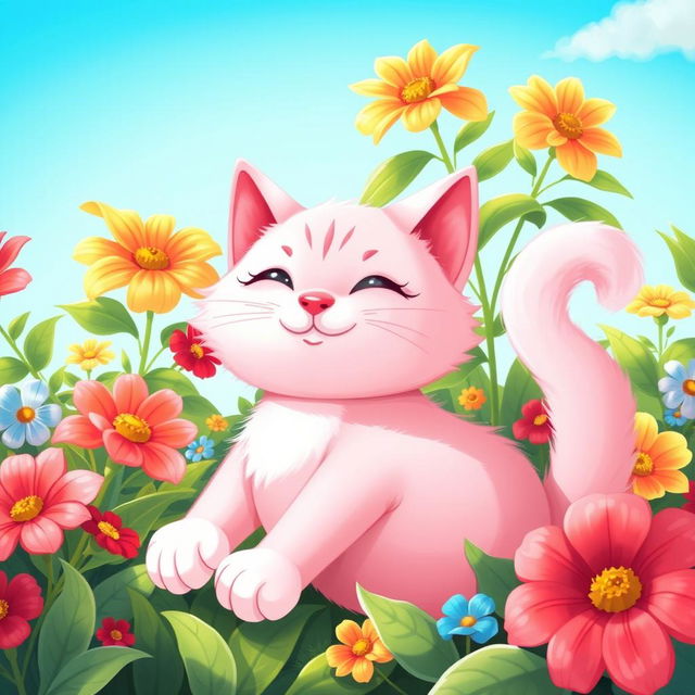 A playful and whimsical depiction of a pink cat with a soft white body lounging in a sunny garden, surrounded by colorful flowers