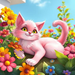 A playful and whimsical depiction of a pink cat with a soft white body lounging in a sunny garden, surrounded by colorful flowers