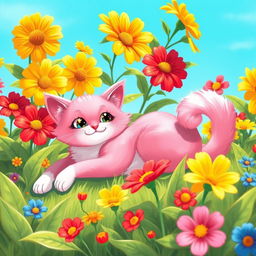 A playful and whimsical depiction of a pink cat with a soft white body lounging in a sunny garden, surrounded by colorful flowers