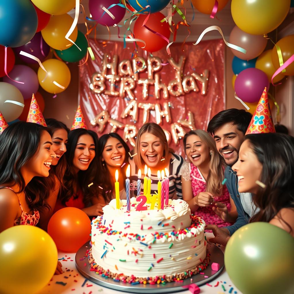 A vibrant birthday celebration scene filled with festive decorations, colorful balloons, and a large cake with candles