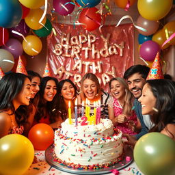 A vibrant birthday celebration scene filled with festive decorations, colorful balloons, and a large cake with candles