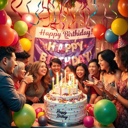 A vibrant birthday celebration scene filled with festive decorations, colorful balloons, and a large cake with candles