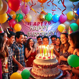 A vibrant birthday celebration scene filled with festive decorations, colorful balloons, and a large cake with candles