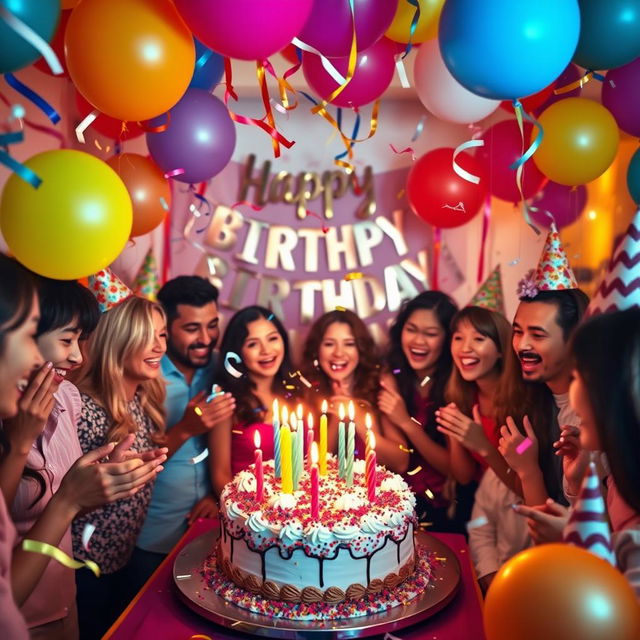 A vibrant birthday celebration scene filled with festive decorations, colorful balloons, and a large cake with candles